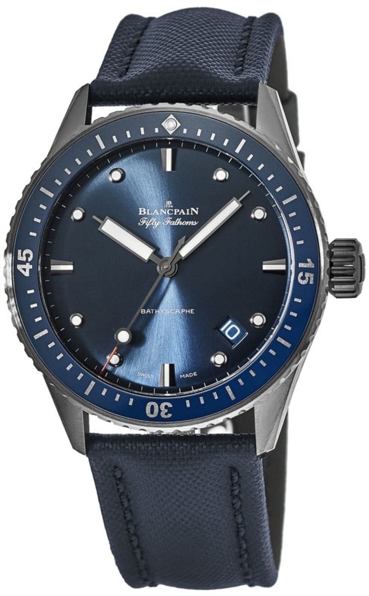 Blancpain Herrklocka 5000-0240-O52A Fifty Fathoms Bl&aring;/L&auml;der &Oslash;43.6